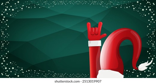 Merry christmas horizontal banner with Santa Claus rock n roll style and santa red hat isolated on green background with stars. Merry Christmas hipster Rock n roll party poster, flyer design template.