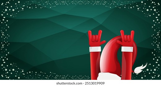 Merry christmas horizontal banner with Santa Claus rock n roll style and santa red hat isolated on green background with stars. Merry Christmas hipster Rock n roll party poster, flyer design template.