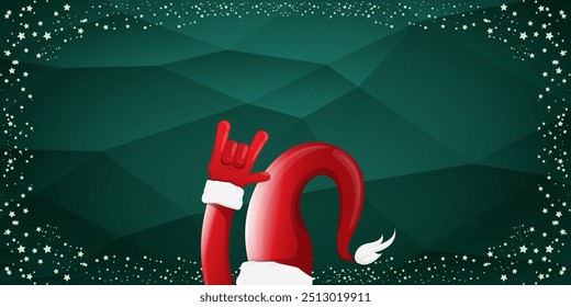 Merry christmas horizontal banner with Santa Claus rock n roll style and santa red hat isolated on green background with stars. Merry Christmas hipster Rock n roll party poster, flyer design template.