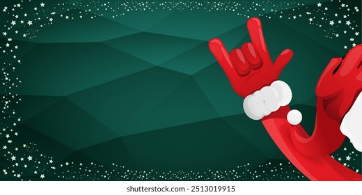 Merry christmas horizontal banner with Santa Claus rock n roll style and santa red hat isolated on green background with stars. Merry Christmas hipster Rock n roll party poster, flyer design template.