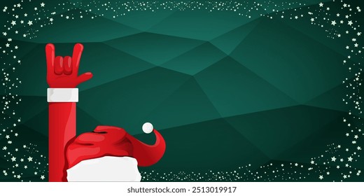 Merry christmas horizontal banner with Santa Claus rock n roll style and santa red hat isolated on green background with stars. Merry Christmas hipster Rock n roll party poster, flyer design template.