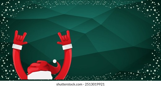 Merry christmas horizontal banner with Santa Claus rock n roll style and santa red hat isolated on green background with stars. Merry Christmas hipster Rock n roll party poster, flyer design template.