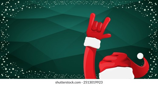 Merry christmas horizontal banner with Santa Claus rock n roll style and santa red hat isolated on green background with stars. Merry Christmas hipster Rock n roll party poster, flyer design template.