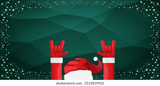 Merry christmas horizontal banner with Santa Claus rock n roll style and santa red hat isolated on green background with stars. Merry Christmas hipster Rock n roll party poster, flyer design template.