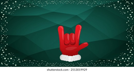 Merry christmas horizontal banner with Santa Claus rock n roll style and santa red hat isolated on green background with stars. Merry Christmas hipster Rock n roll party poster, flyer design template.