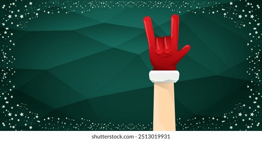 Merry christmas horizontal banner with Santa Claus rock n roll style and santa red hat isolated on green background with stars. Merry Christmas hipster Rock n roll party poster, flyer design template.