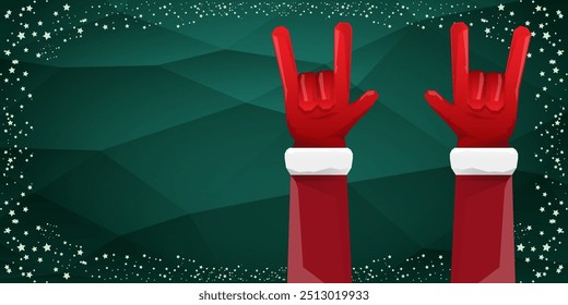 Merry christmas horizontal banner with Santa Claus rock n roll style and santa red hat isolated on green background with stars. Merry Christmas hipster Rock n roll party poster, flyer design template.