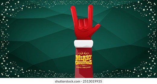 Merry christmas horizontal banner with Santa Claus rock n roll style and santa red hat isolated on green background with stars. Merry Christmas hipster Rock n roll party poster, flyer design template.