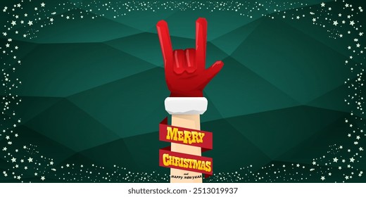 Merry christmas horizontal banner with Santa Claus rock n roll style and santa red hat isolated on green background with stars. Merry Christmas hipster Rock n roll party poster, flyer design template.