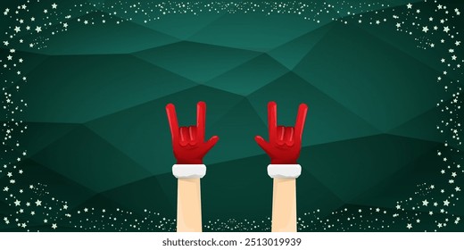 Merry christmas horizontal banner with Santa Claus rock n roll style and santa red hat isolated on green background with stars. Merry Christmas hipster Rock n roll party poster, flyer design template.