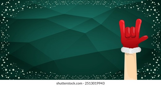 Merry christmas horizontal banner with Santa Claus rock n roll style and santa red hat isolated on green background with stars. Merry Christmas hipster Rock n roll party poster, flyer design template.