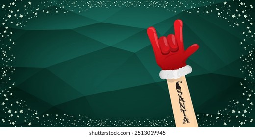 Merry christmas horizontal banner with Santa Claus rock n roll style and santa red hat isolated on green background with stars. Merry Christmas hipster Rock n roll party poster, flyer design template.