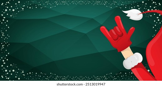 Merry christmas horizontal banner with Santa Claus rock n roll style and santa red hat isolated on green background with stars. Merry Christmas hipster Rock n roll party poster, flyer design template.