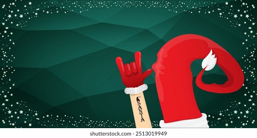 Merry christmas horizontal banner with Santa Claus rock n roll style and santa red hat isolated on green background with stars. Merry Christmas hipster Rock n roll party poster, flyer design template.