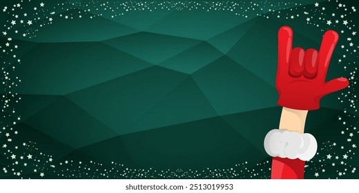 Merry christmas horizontal banner with Santa Claus rock n roll style and santa red hat isolated on green background with stars. Merry Christmas hipster Rock n roll party poster, flyer design template.