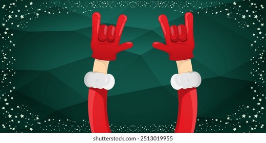 Merry christmas horizontal banner with Santa Claus rock n roll style and santa red hat isolated on green background with stars. Merry Christmas hipster Rock n roll party poster, flyer design template.