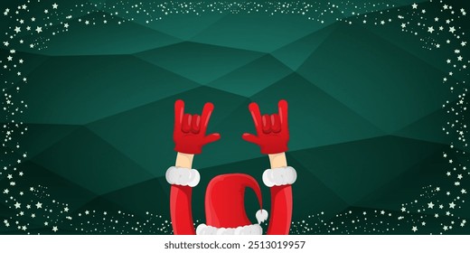 Merry christmas horizontal banner with Santa Claus rock n roll style and santa red hat isolated on green background with stars. Merry Christmas hipster Rock n roll party poster, flyer design template.