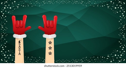 Merry christmas horizontal banner with Santa Claus rock n roll style and santa red hat isolated on green background with stars. Merry Christmas hipster Rock n roll party poster, flyer design template.