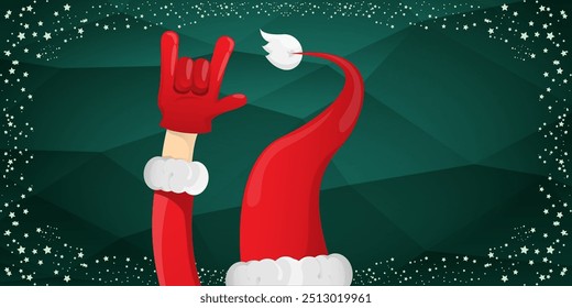 Merry christmas horizontal banner with Santa Claus rock n roll style and santa red hat isolated on green background with stars. Merry Christmas hipster Rock n roll party poster, flyer design template.