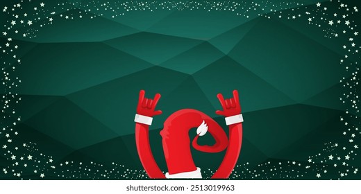 Merry christmas horizontal banner with Santa Claus rock n roll style and santa red hat isolated on green background with stars. Merry Christmas hipster Rock n roll party poster, flyer design template.