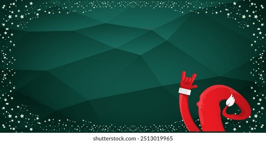 Merry christmas horizontal banner with Santa Claus rock n roll style and santa red hat isolated on green background with stars. Merry Christmas hipster Rock n roll party poster, flyer design template.