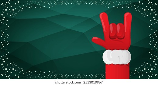 Merry christmas horizontal banner with Santa Claus rock n roll style and santa red hat isolated on green background with stars. Merry Christmas hipster Rock n roll party poster, flyer design template.