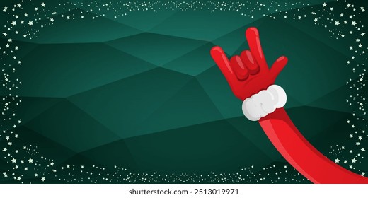 Merry christmas horizontal banner with Santa Claus rock n roll style and santa red hat isolated on green background with stars. Merry Christmas hipster Rock n roll party poster, flyer design template.