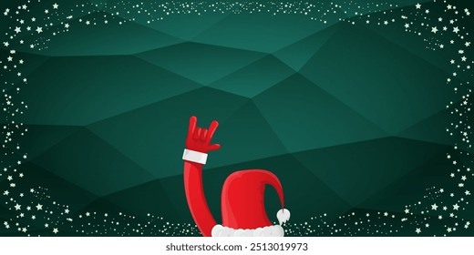 Merry christmas horizontal banner with Santa Claus rock n roll style and santa red hat isolated on green background with stars. Merry Christmas hipster Rock n roll party poster, flyer design template.