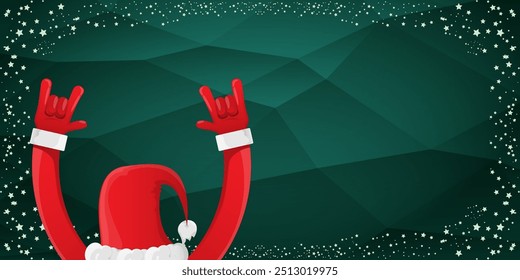 Merry christmas horizontal banner with Santa Claus rock n roll style and santa red hat isolated on green background with stars. Merry Christmas hipster Rock n roll party poster, flyer design template.