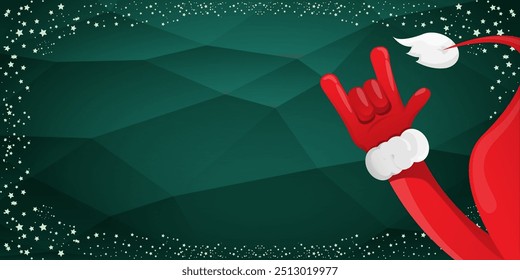 Merry christmas horizontal banner with Santa Claus rock n roll style and santa red hat isolated on green background with stars. Merry Christmas hipster Rock n roll party poster, flyer design template.