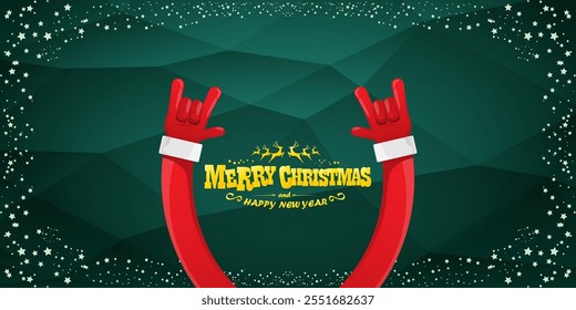 Merry christmas horizontal banner with Santa Claus rock n roll style and santa red hat isolated on green background with stars. Merry Christmas hipster Rock n roll party poster, flyer design template.