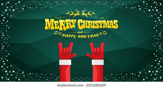 Merry christmas horizontal banner with Santa Claus rock n roll style and santa red hat isolated on green background with stars. Merry Christmas hipster Rock n roll party poster, flyer design template.