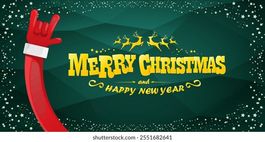 Merry christmas horizontal banner with Santa Claus rock n roll style and santa red hat isolated on green background with stars. Merry Christmas hipster Rock n roll party poster, flyer design template.