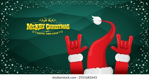 Merry christmas horizontal banner with Santa Claus rock n roll style and santa red hat isolated on green background with stars. Merry Christmas hipster Rock n roll party poster, flyer design template.