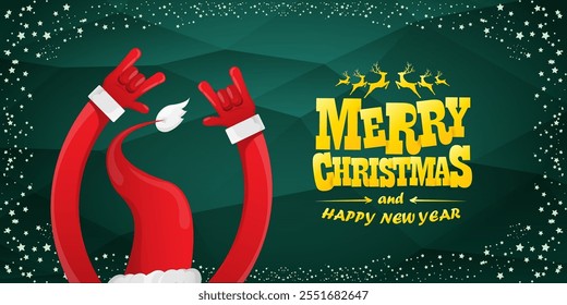 Merry christmas horizontal banner with Santa Claus rock n roll style and santa red hat isolated on green background with stars. Merry Christmas hipster Rock n roll party poster, flyer design template.