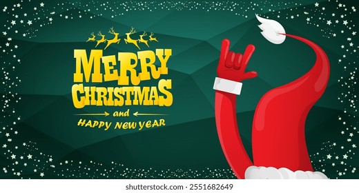 Merry christmas horizontal banner with Santa Claus rock n roll style and santa red hat isolated on green background with stars. Merry Christmas hipster Rock n roll party poster, flyer design template.