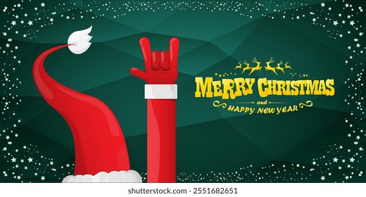 Merry christmas horizontal banner with Santa Claus rock n roll style and santa red hat isolated on green background with stars. Merry Christmas hipster Rock n roll party poster, flyer design template.