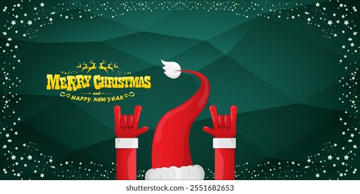 Merry christmas horizontal banner with Santa Claus rock n roll style and santa red hat isolated on green background with stars. Merry Christmas hipster Rock n roll party poster, flyer design template.