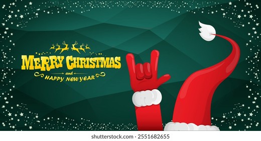 Merry christmas horizontal banner with Santa Claus rock n roll style and santa red hat isolated on green background with stars. Merry Christmas hipster Rock n roll party poster, flyer design template.