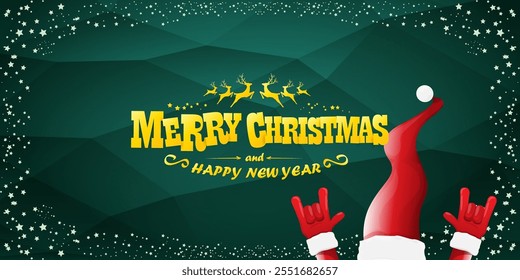 Merry christmas horizontal banner with Santa Claus rock n roll style and santa red hat isolated on green background with stars. Merry Christmas hipster Rock n roll party poster, flyer design template.