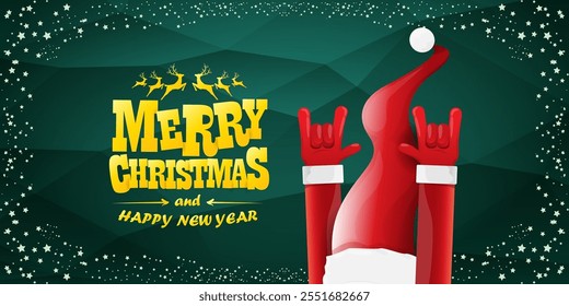 Merry christmas horizontal banner with Santa Claus rock n roll style and santa red hat isolated on green background with stars. Merry Christmas hipster Rock n roll party poster, flyer design template.