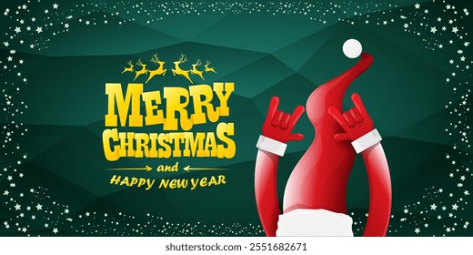 Merry christmas horizontal banner with Santa Claus rock n roll style and santa red hat isolated on green background with stars. Merry Christmas hipster Rock n roll party poster, flyer design template.