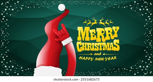 Merry christmas horizontal banner with Santa Claus rock n roll style and santa red hat isolated on green background with stars. Merry Christmas hipster Rock n roll party poster, flyer design template.