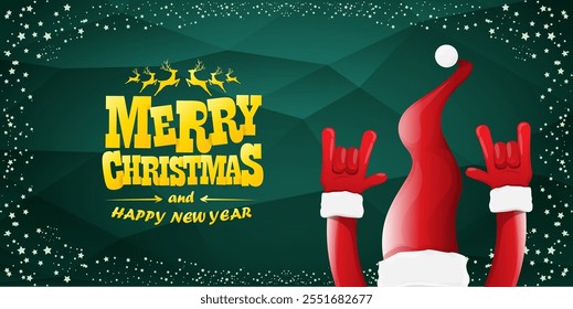 Merry christmas horizontal banner with Santa Claus rock n roll style and santa red hat isolated on green background with stars. Merry Christmas hipster Rock n roll party poster, flyer design template.