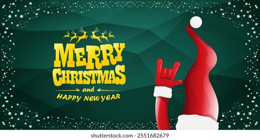 Merry christmas horizontal banner with Santa Claus rock n roll style and santa red hat isolated on green background with stars. Merry Christmas hipster Rock n roll party poster, flyer design template.