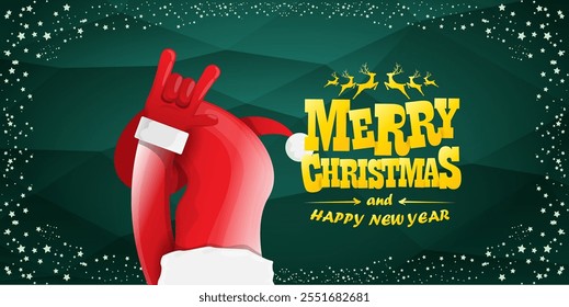 Merry christmas horizontal banner with Santa Claus rock n roll style and santa red hat isolated on green background with stars. Merry Christmas hipster Rock n roll party poster, flyer design template.