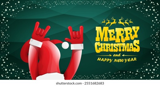 Merry christmas horizontal banner with Santa Claus rock n roll style and santa red hat isolated on green background with stars. Merry Christmas hipster Rock n roll party poster, flyer design template.