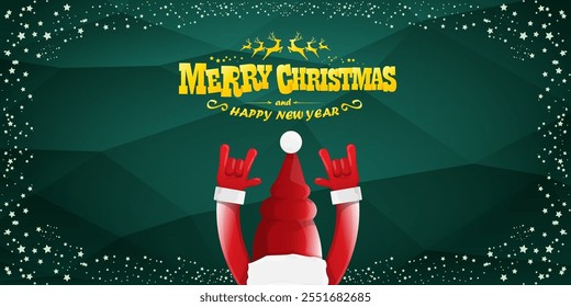 Merry christmas horizontal banner with Santa Claus rock n roll style and santa red hat isolated on green background with stars. Merry Christmas hipster Rock n roll party poster, flyer design template.