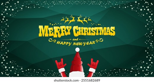 Merry christmas horizontal banner with Santa Claus rock n roll style and santa red hat isolated on green background with stars. Merry Christmas hipster Rock n roll party poster, flyer design template.