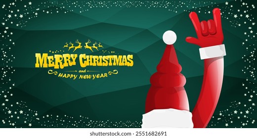 Merry christmas horizontal banner with Santa Claus rock n roll style and santa red hat isolated on green background with stars. Merry Christmas hipster Rock n roll party poster, flyer design template.